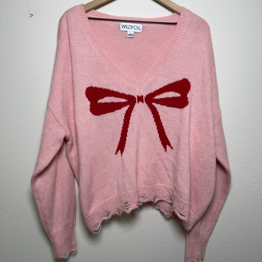 Wildfox Women Sweater Large Pink Bow Distressed V-Neck Oversized Pullover